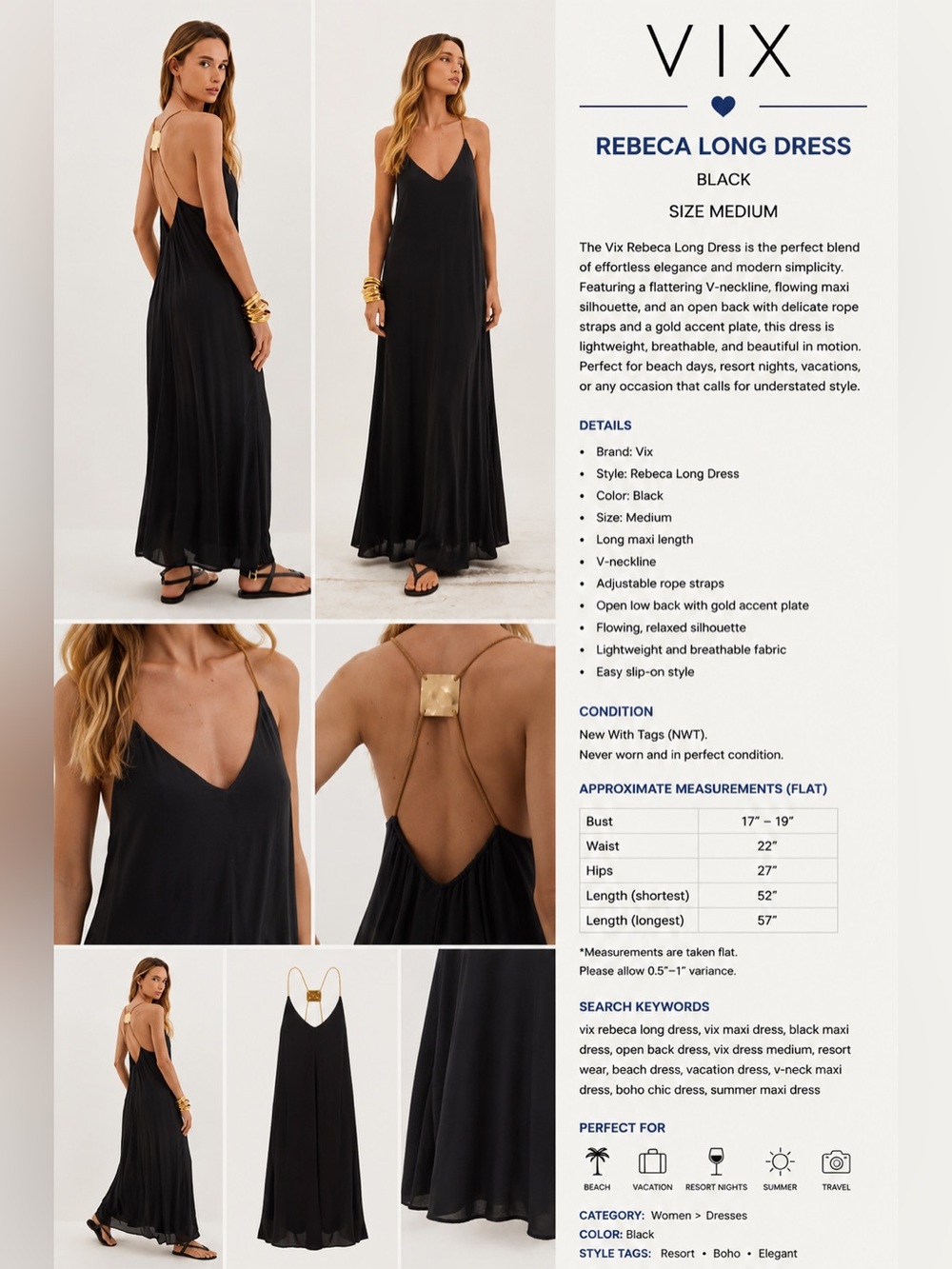 ViX Rebeca Long Dress Black Open Back Gold Detail Maxi Dress Medium